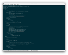 Editing the docker-compose.yml file for this site using the Vim editor on about.oerfoundation.org via SSH.
