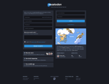 A look at the front page of a (nearly) new Mastodon Instance with the default 'dark' theme. In this case, it's https://social.fossdle.org...
